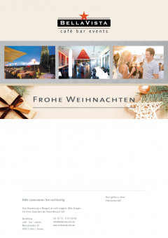 wertiger weihnachtlich verzierter Gutschein mit BellaVista Logo, 3 schönen Bildern, Platz für Widmung , Impressum. Text  Frohe Weihnachten