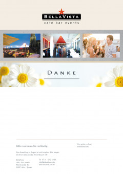 wertiger mit Blumen verzierter Gutschein mit BellaVista Logo, 3 schönen Bildern, Platz für Widmung, Impressum. Text Danke